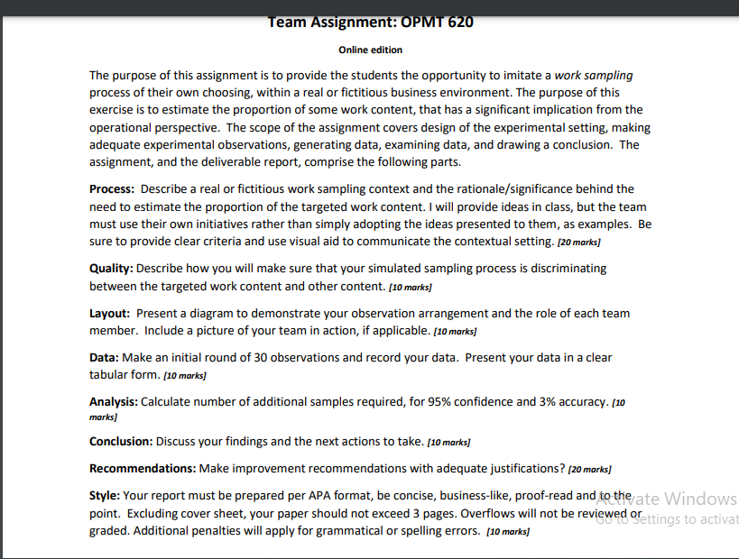 Team Assignment: OPMT 620 Online edition The