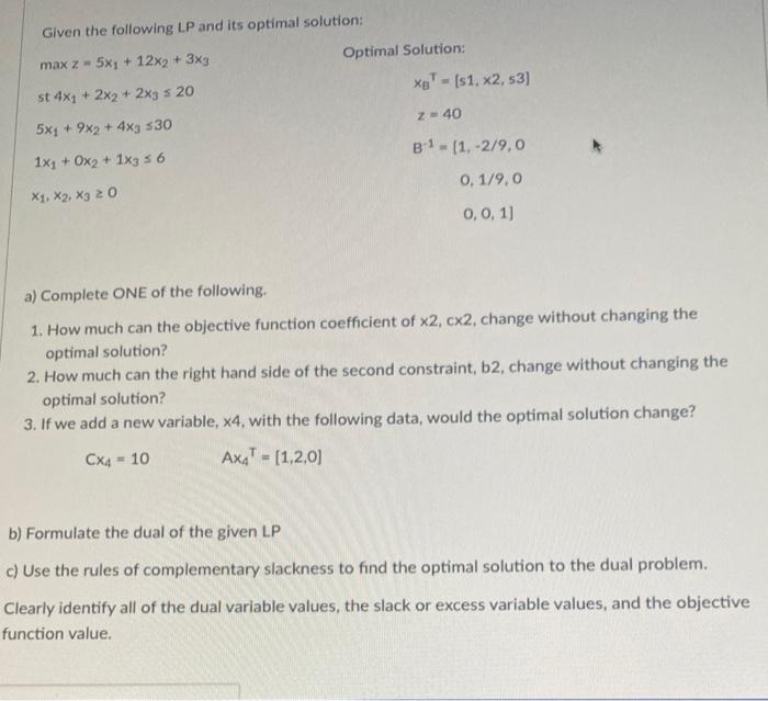 Given the following LP and its optimal solution:
