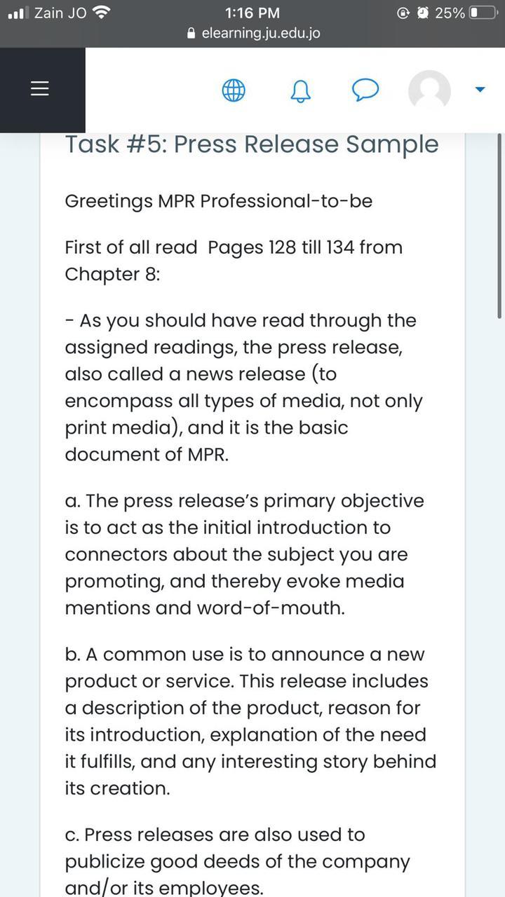 ..! Zain JO @ @ 25% 1:16 PM elearning.ju.edu.jo W