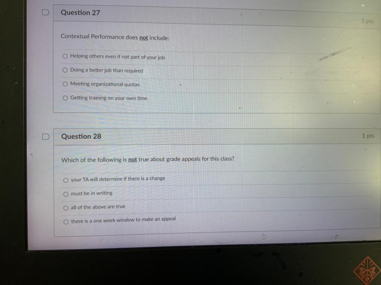 Question 27 1 pts Contextual Performance does not
