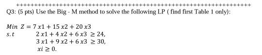 ++++ Q3: (5 pts) Use the Big - M method to solve