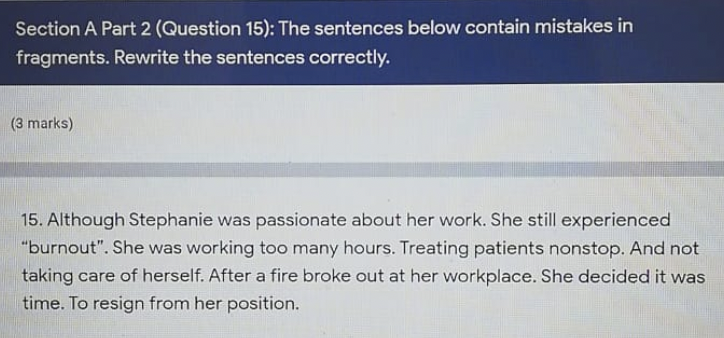 Section A Part 2 (Question 15): The sentences