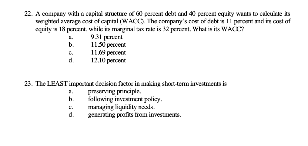 22. A company with a capital structure of 60
