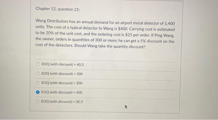 Chapter 12, question 21: Wang Distributors has an