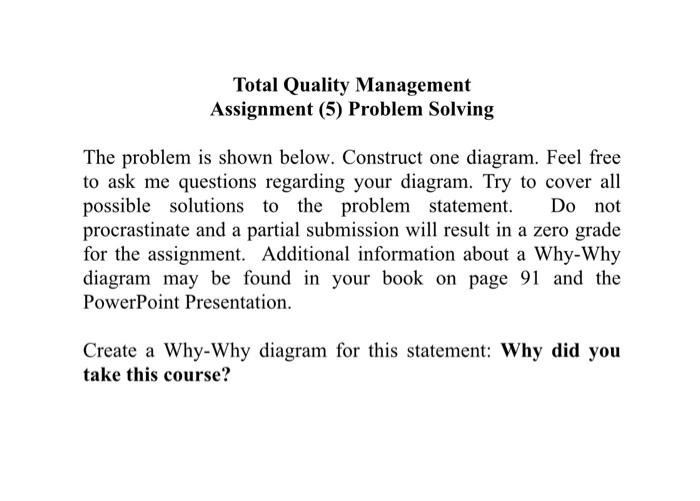 Total Quality Management Assignment (5) Problem