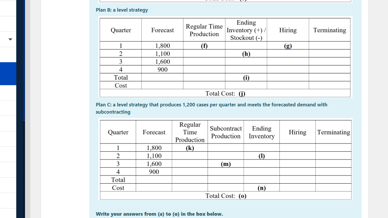 Question: Write down answers from (a) to (o) in