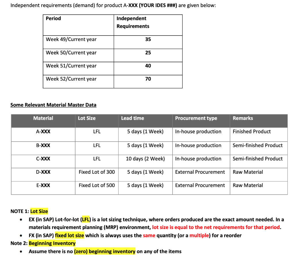 Material Requirements Planning Exercise