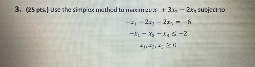 3. (25 pts. Use the simplex method to maximize x1