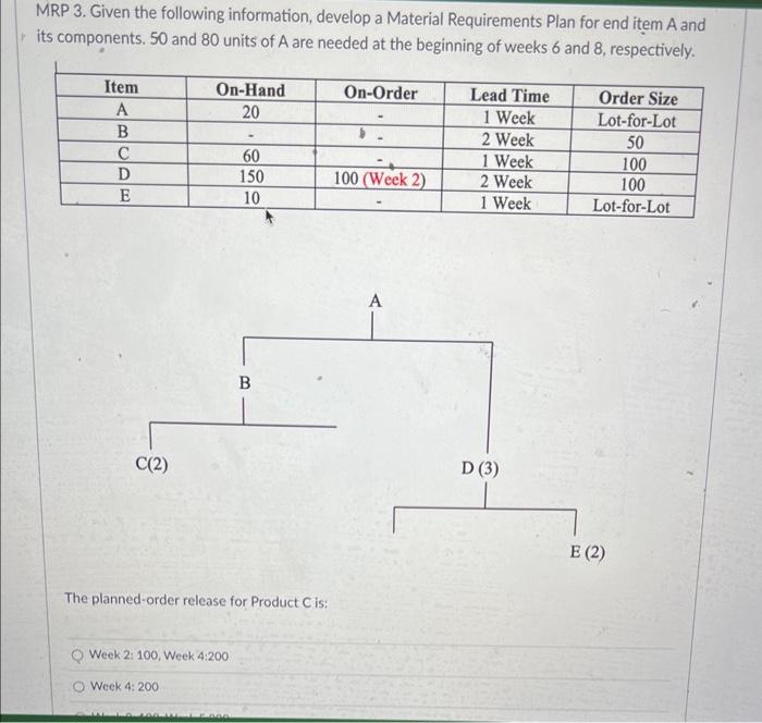 MRP 3. Given the following information, develop a