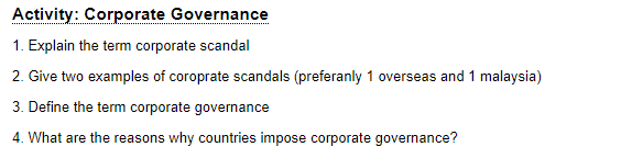 Activity: Corporate Governance 1. Explain the