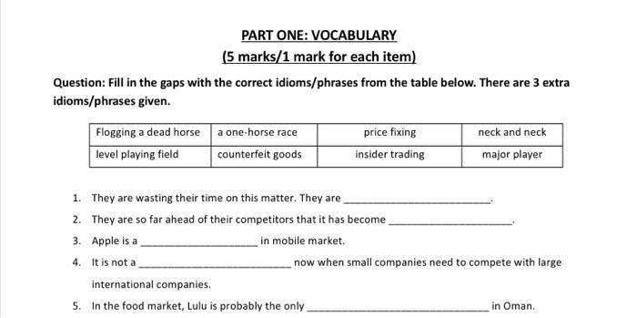PART ONE: VOCABULARY (5 marks/1 mark for each