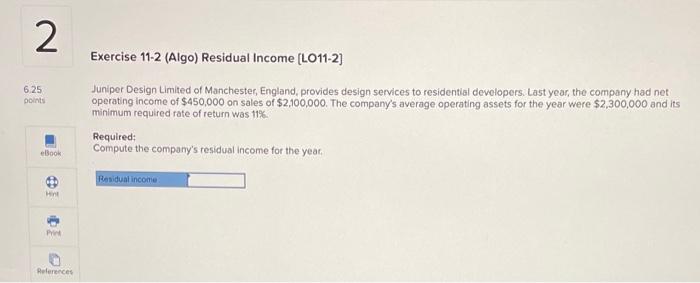 Exercise 11-2 (Algo) Residual Income [LO11-2]