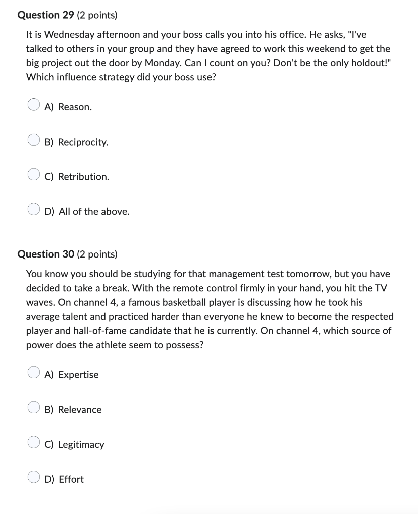 Question 29 (2 points) It is Wednesday afternoon