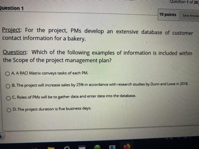Question 1 of 20 Question 1 10 points Save Answe