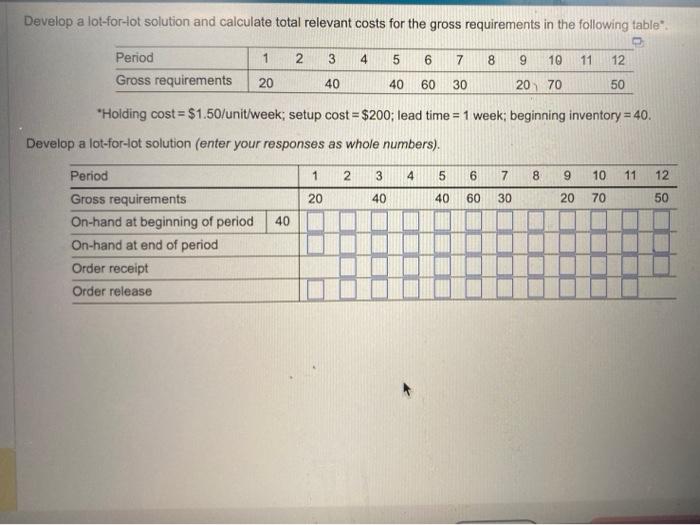 Develop a lot-for-tot solution and calculate