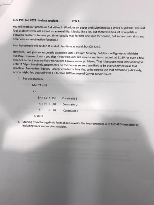 HW 4 BUS 190 Fall 2021 in-class sections You will