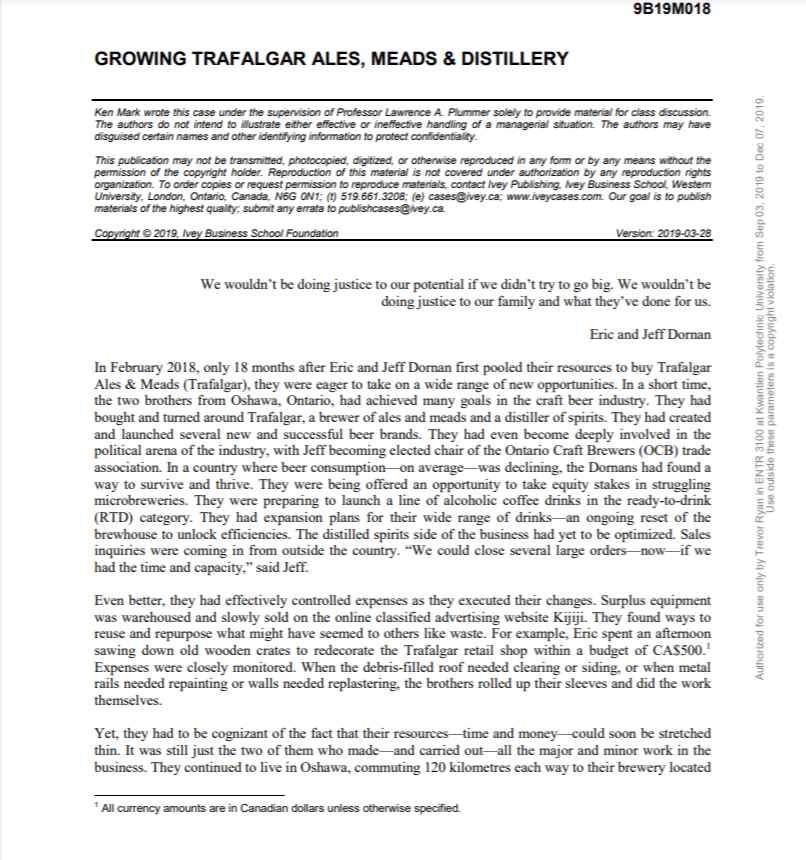 SWOT of this Case? 9B19M018 GROWING TRAFALGAR