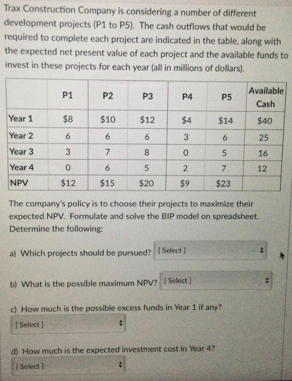 Dropdown choices: a. Projects 1 and 4 ; Projects