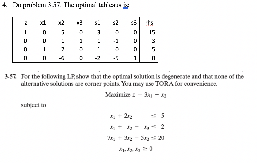 4. Do problem 3.57. The optimal tableaus is: z X1