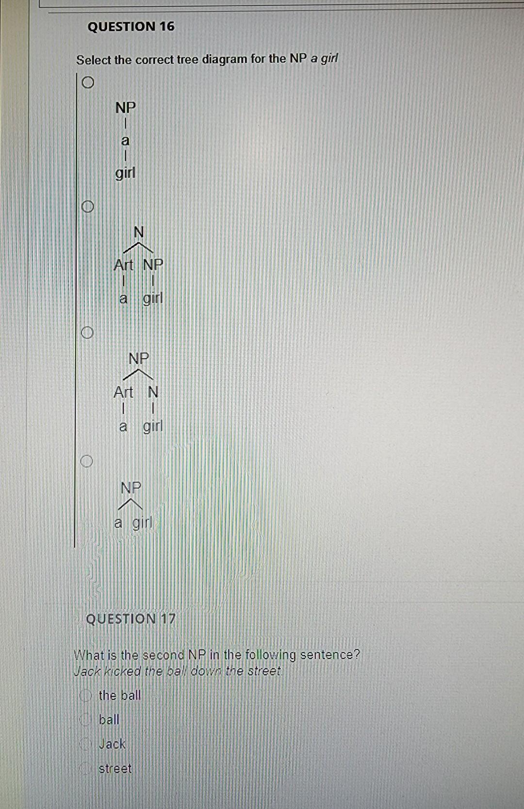 Select the correct tree diagram for the NP a girl