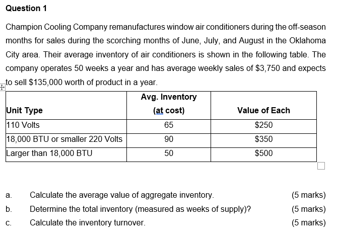 Question 1 Champion Cooling Company