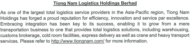 Tiong Nam Logistics Holdings Berhad As one of the