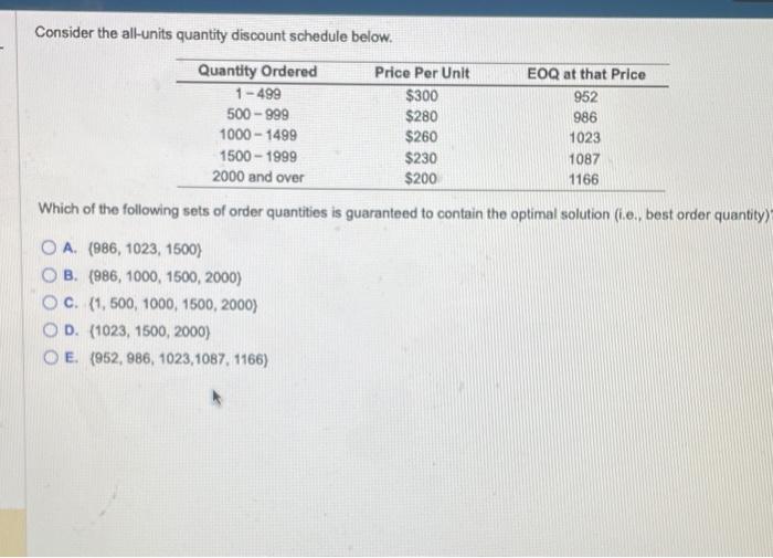 Consider the all-units quantity discount schedule