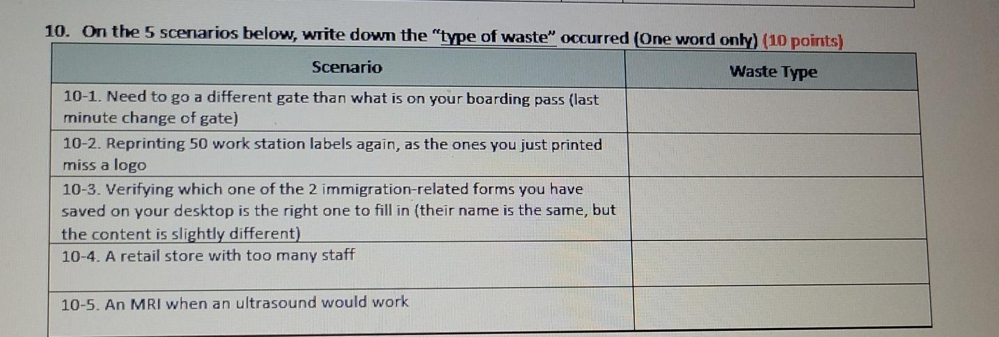 10. On the 5 scenarios below, write down the