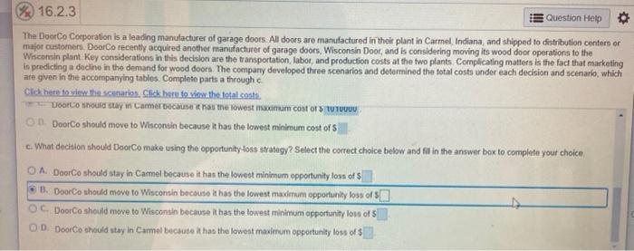 16.2.3 Question Help The DoorCo Corporation is a