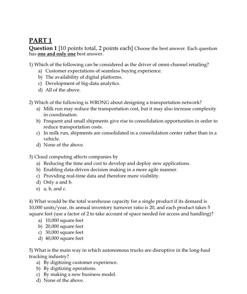 PART 1 Question 1 [10 points total, 2 points