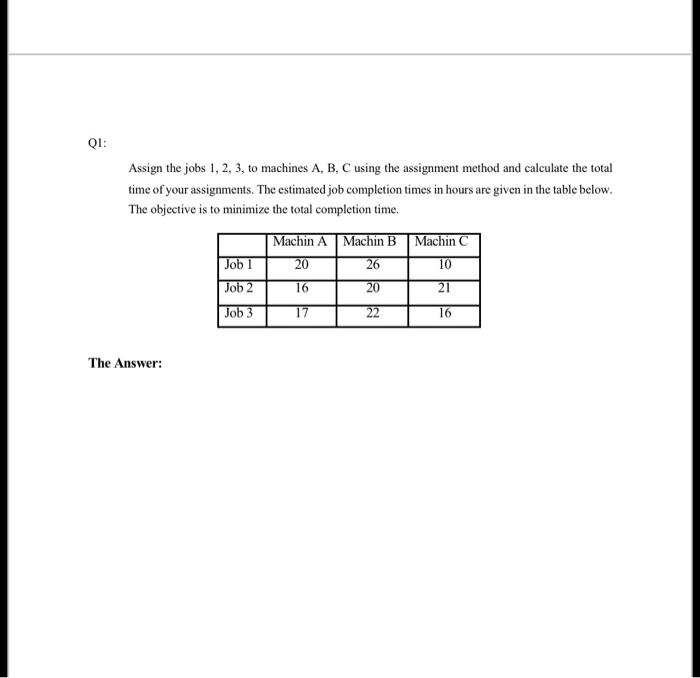 Assign the jobs 1,2,3, to machines A,B,C using