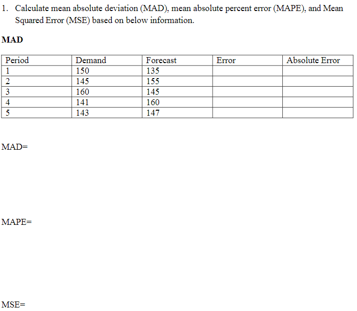 1. Calculate mean absolute deviation (MAD), mean