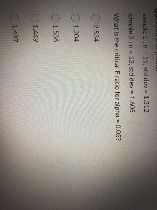 QULIY OPONU) sample 1: n = 15, std dev = 1.312