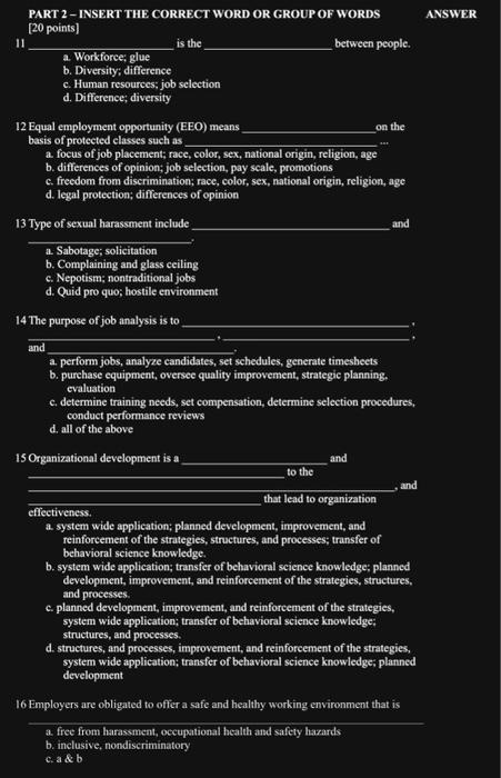 PART 2 - INSERT THE CORRECT WORD OR GROUP OF