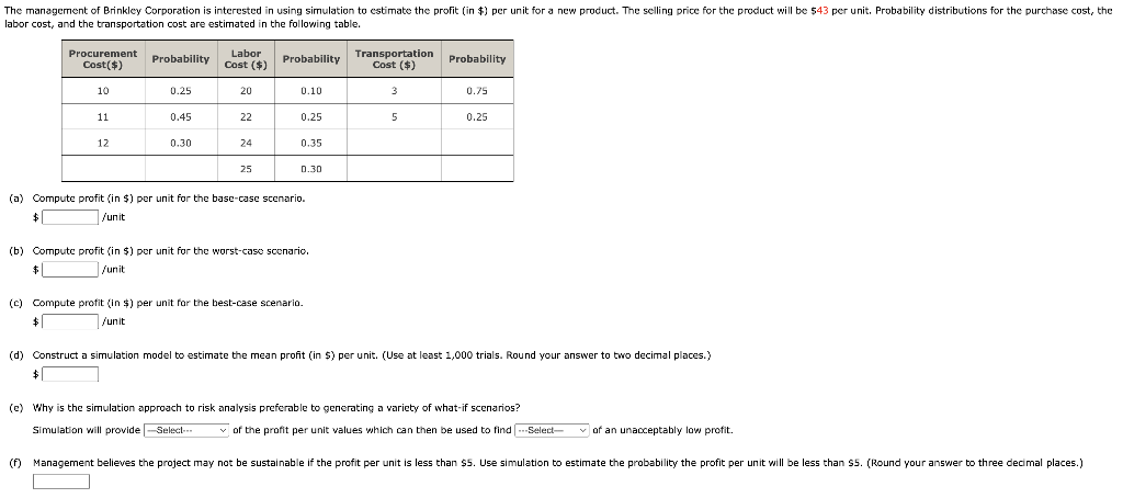 (a) Compute profit (in \$) per unit for the