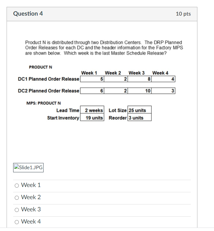Question 4 10 pts Product N is distributed