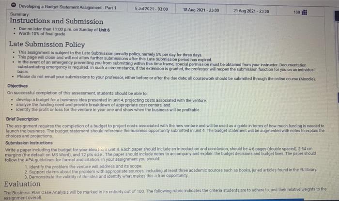 Developing a Budget Statement Assignment - Part 1