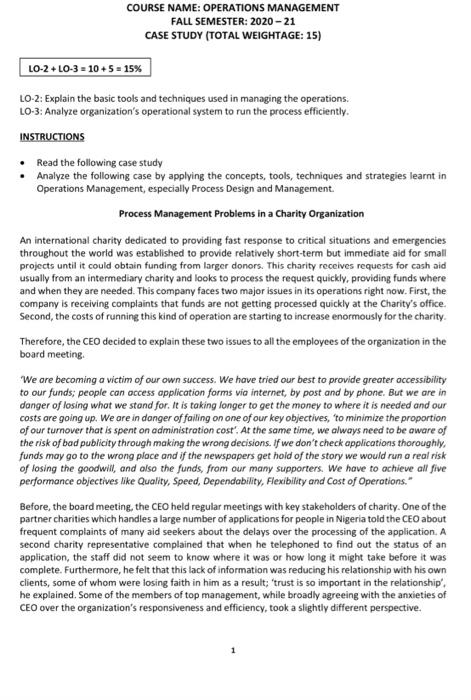 COURSE NAME: OPERATIONS MANAGEMENT FALL SEMESTER: