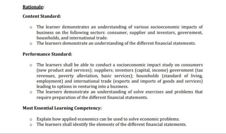 Rationale: Content Standard: The learner