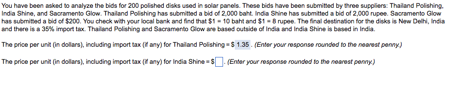 The price per unit (in dollars), including import