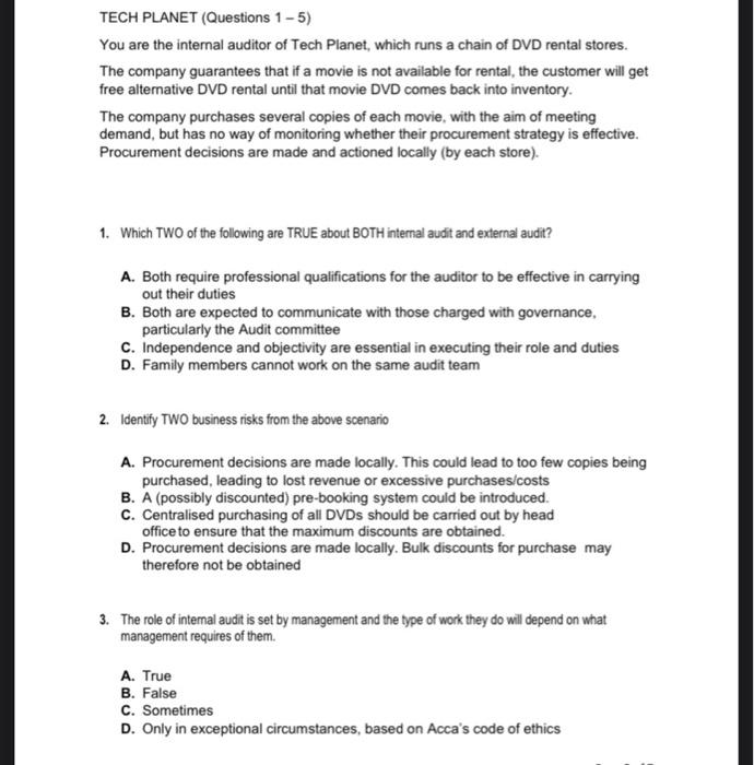 ACCA Auditing TECH PLANET (Questions 1 - 5) You