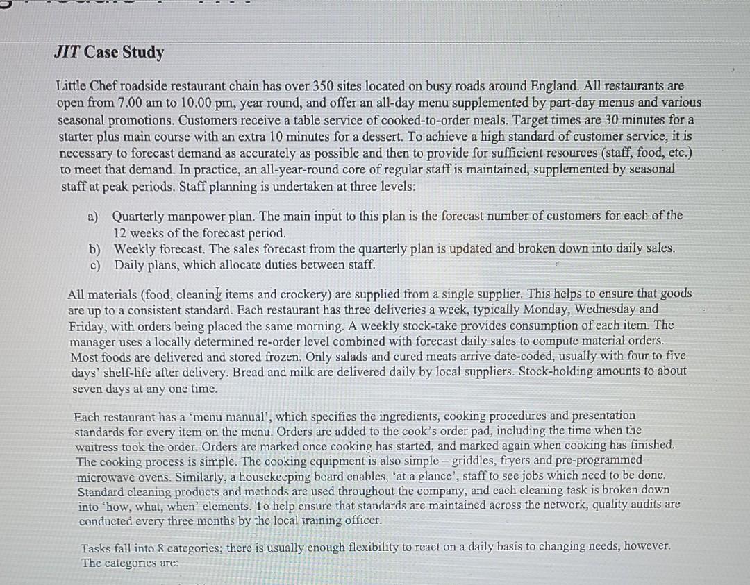 JIT Case Study Little Chef roadside restaurant