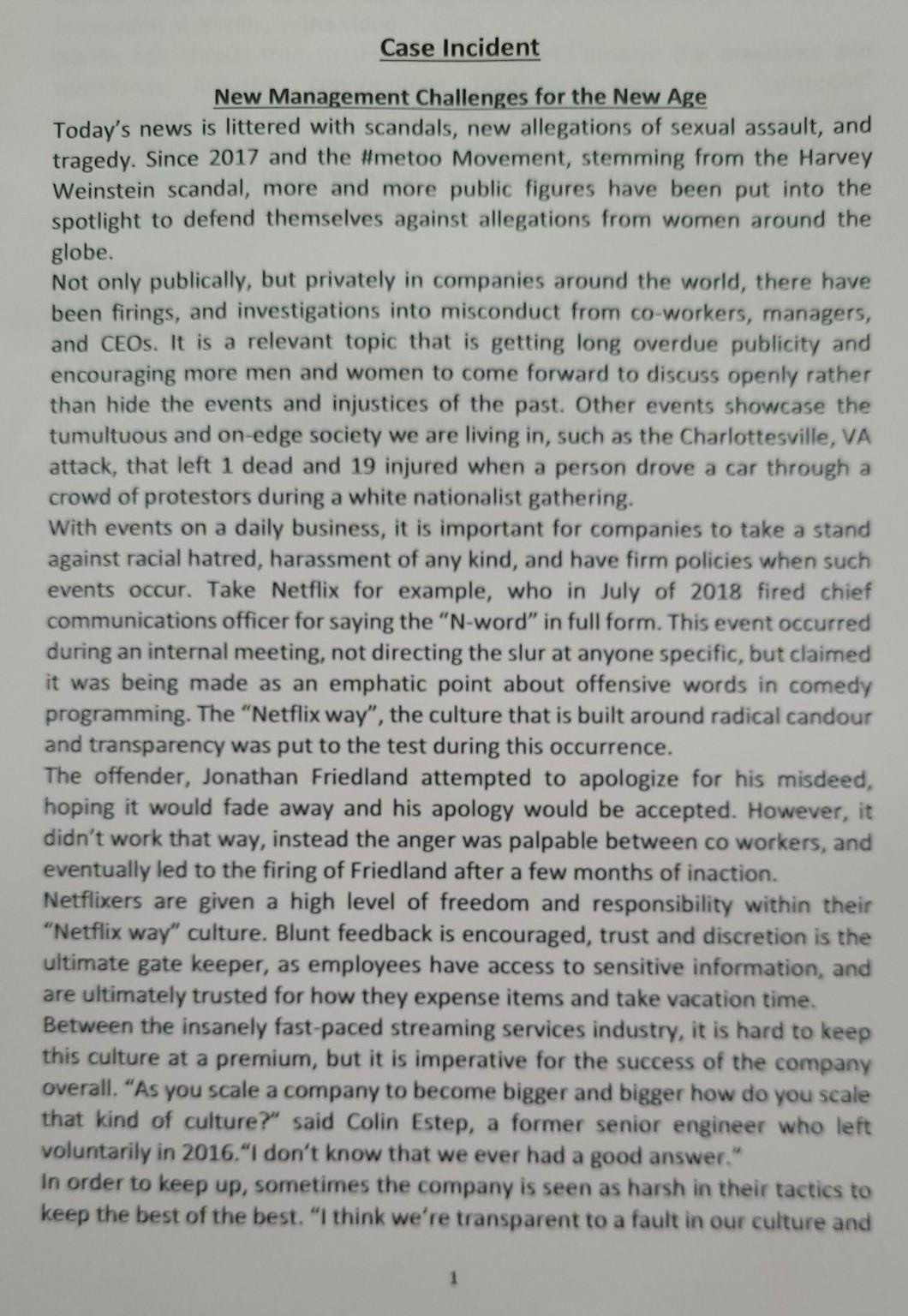 Course on Business Management Case Incident New