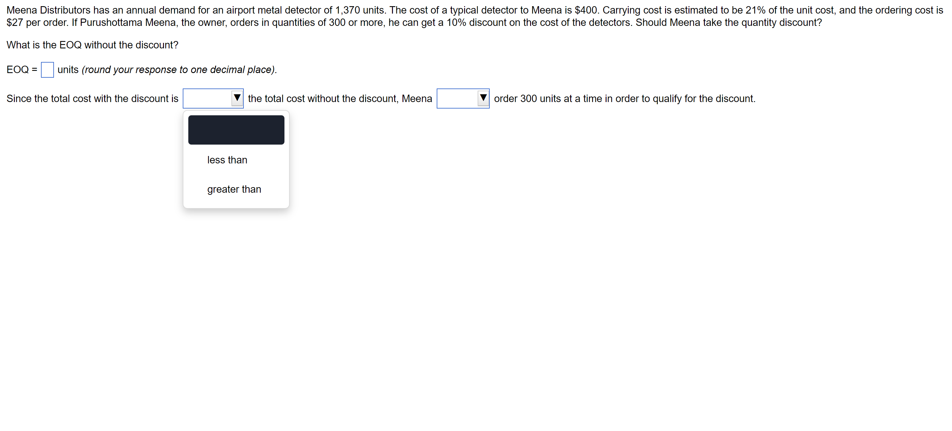 What is the EOQ without the discount? EOQ= units