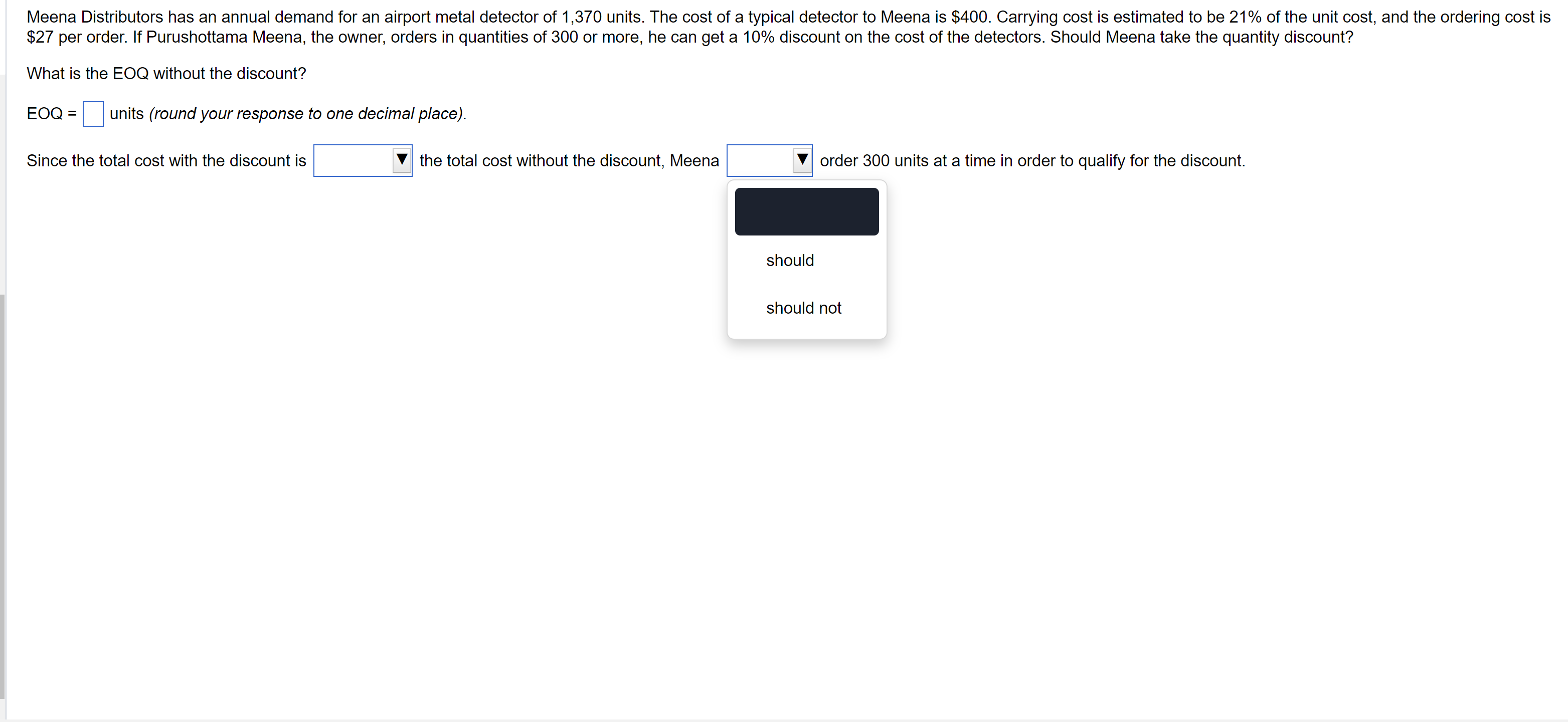 What is the EOQ without the discount? EOQ= units