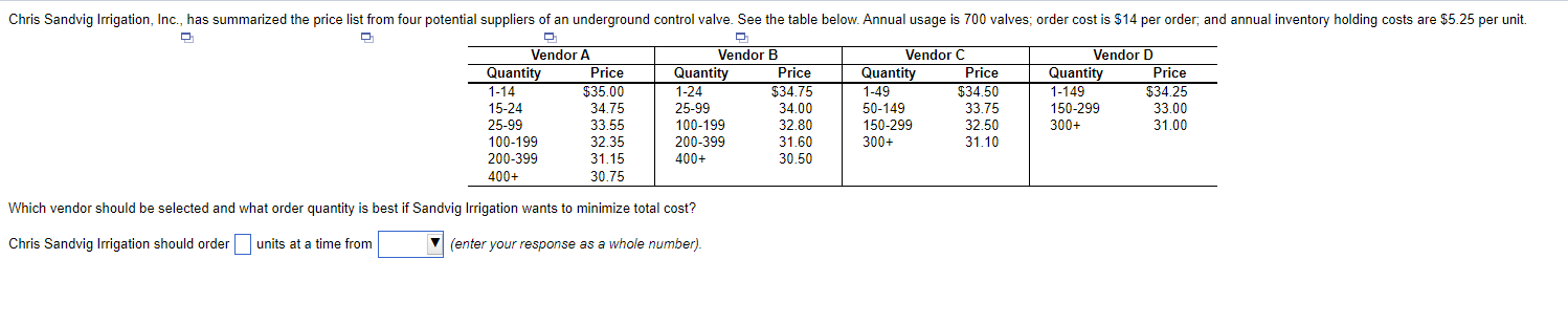 Which vendor should be selected and what order