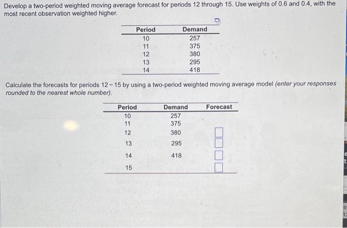 Develop a two-period weighted moving average