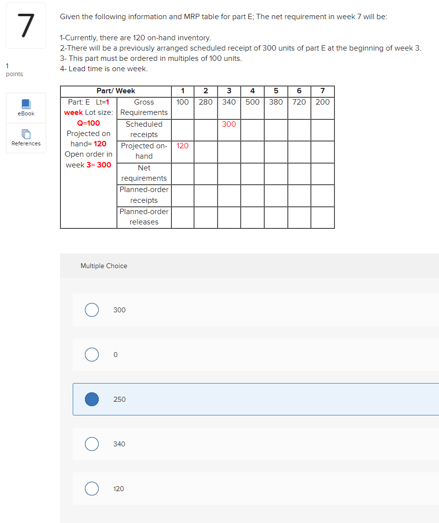 Given the following information and MRP table for