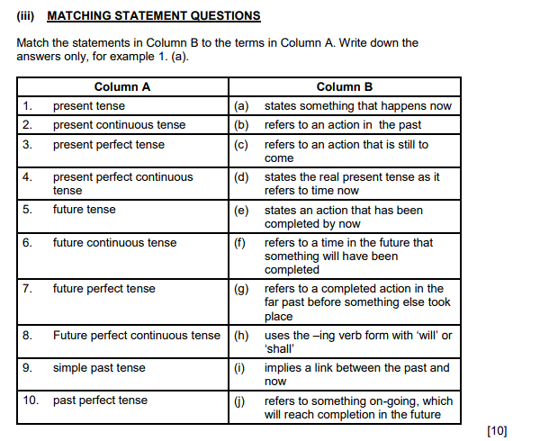 (iii) MATCHING STATEMENT QUESTIONS Match the