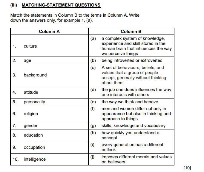 (iii) MATCHING STATEMENT QUESTIONS Match the